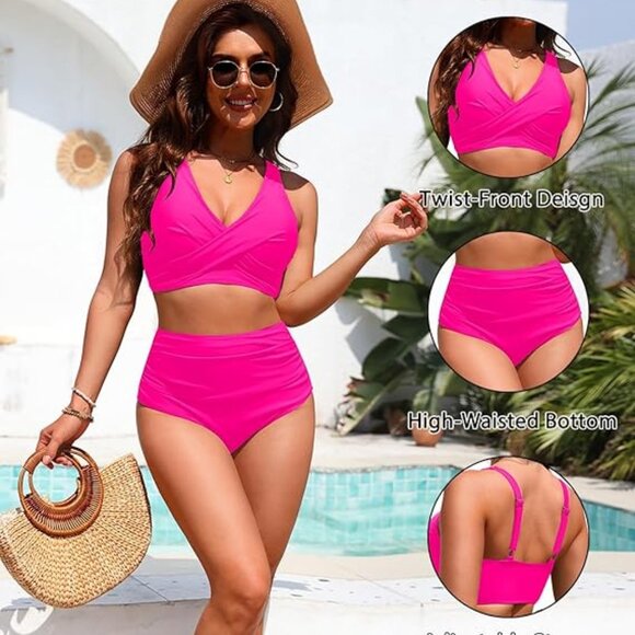 Yonique High Waisted Two Piece Swimsuit - Pink  Size: Medium - Picture 2 of 8